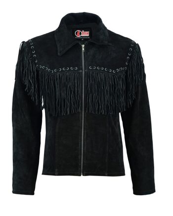 Veste en cuir western cowboy en daim noir pour homme avec franges - 3XL 1