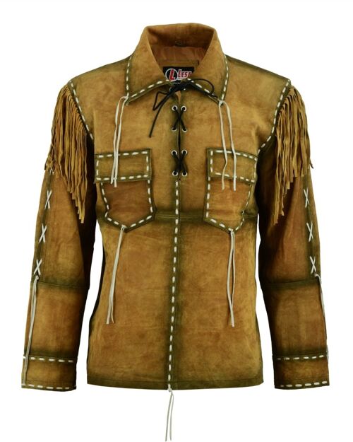 Mens Western Cowboy Brown Suede Leather Jacket With Fringe - M (58 cm)