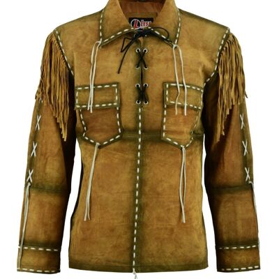 Mens Western Cowboy Brown Suede Leather Jacket With Fringe - M (58 cm)