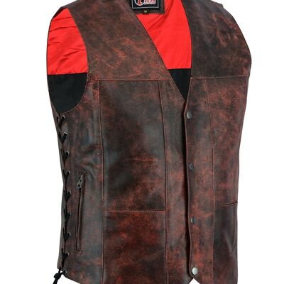 Mens Red Distressed Waistcoat Motorcycle Biker Style Gillette Vest-Top Quality - L