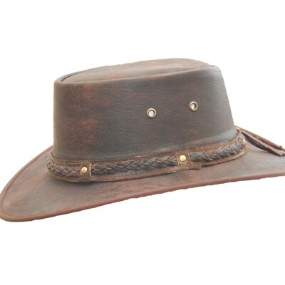 New Kids Real Distressed Leather Foldaway Australian Style Bush Hat Brown - XS