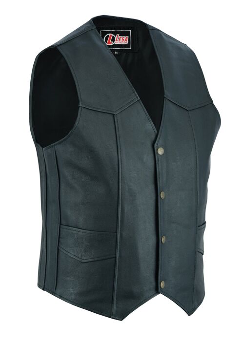 Mens Genuine Leather Motorcycle Biker Style Black Waistcoat/Vest - L