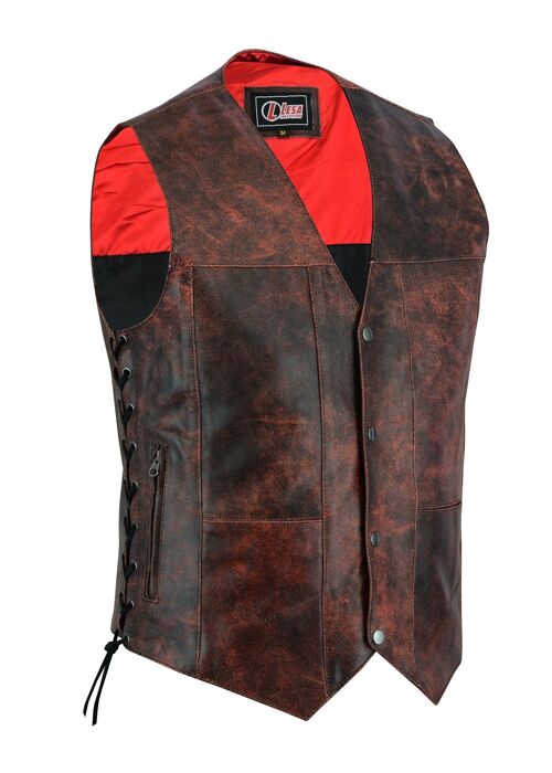 Mens Red Distressed Waistcoat Motorcycle Biker Style Gillette Vest -Top Quality - S