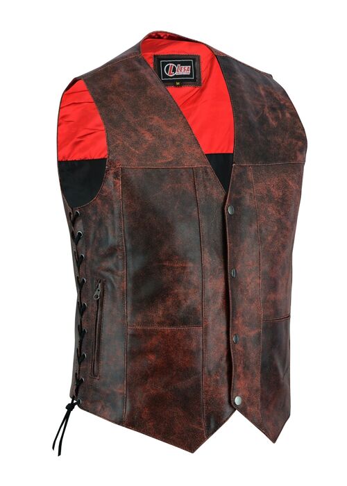 Mens Red Distressed Waistcoat Motorcycle Biker Style Gillette Vest -Top Quality - L