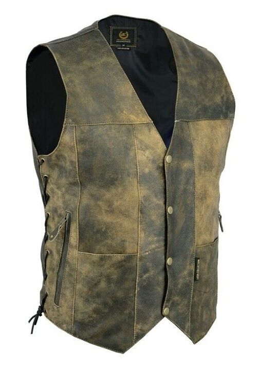 Vintage Motorcycle Vest 10 pocket Distressed Real Leather Waistcoat Mens - L