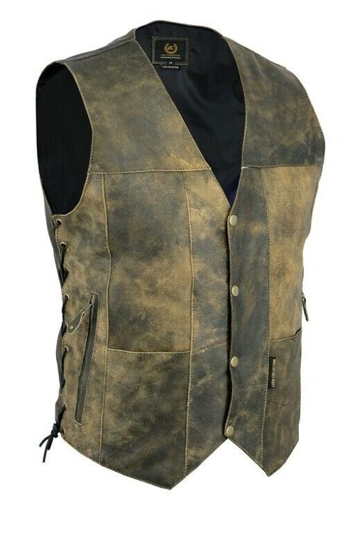 Vintage Motorcycle Vest 10 pocket Distressed Real Leather Waistcoat Mens - 3XL