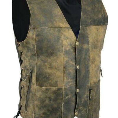 Chaleco de moto vintage Chaleco de cuero real desgastado de 10 bolsillos para hombre - 4XL