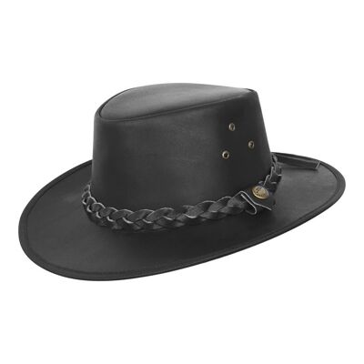 Leather Outback Austrailian Bush Hat Brown And Black With Free Chin Strap - XS - Black