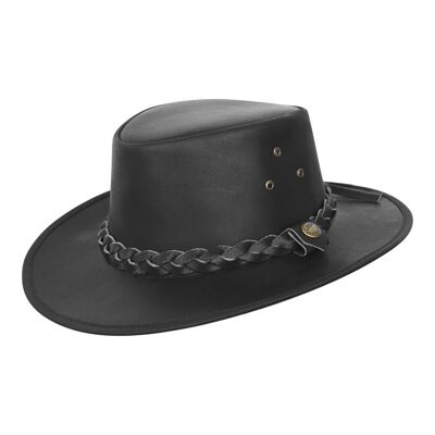Outback Austrailian Bush Hat aus Leder, braun und schwarz, mit kostenlosem Kinnriemen - S - Schwarz