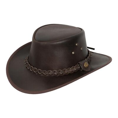 Chapeau Outback Austrailian Bush en cuir marron et noir avec mentonnière gratuite - S - Marron