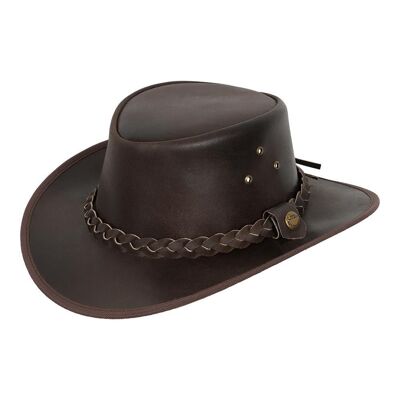 Sombrero de cuero Outback Australian Bush Marrón y negro con correa de barbilla gratis - S - Marrón