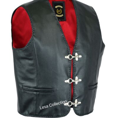 Mens Leather Waistcoat Biker Vest Braided With Fish Hook Buckles - S