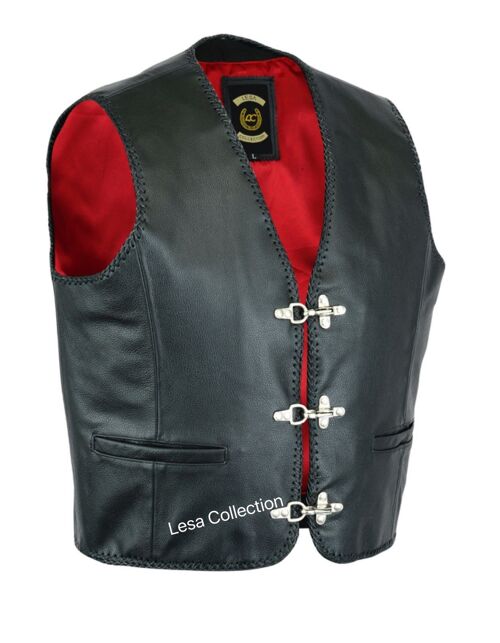 Mens Leather Waistcoat Biker Vest Braided With Fish Hook Buckles - L