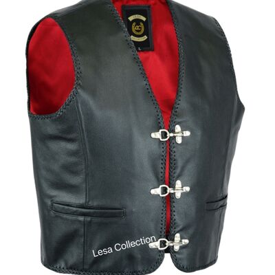 Mens Leather Waistcoat Biker Vest Braided With Fish Hook Buckles - 4XL