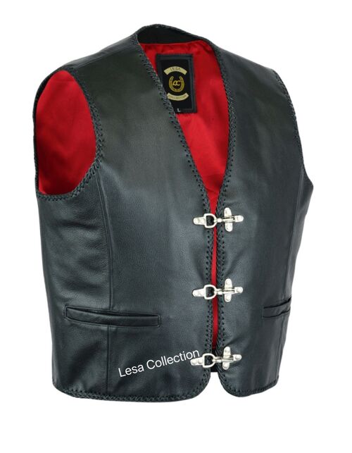 Mens Leather Waistcoat Biker Vest Braided With Fish Hook Buckles - 6XL