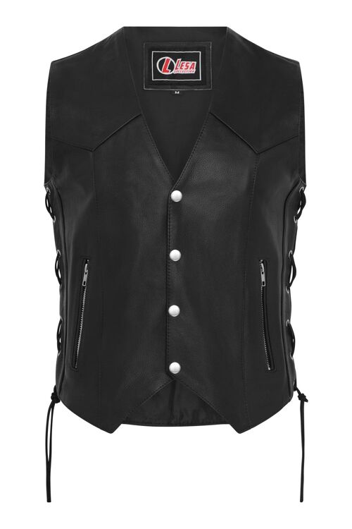 Leather waistcoat Biker Vest Motorcycle Motorbike Vest With Zip Pocket Lace up - M