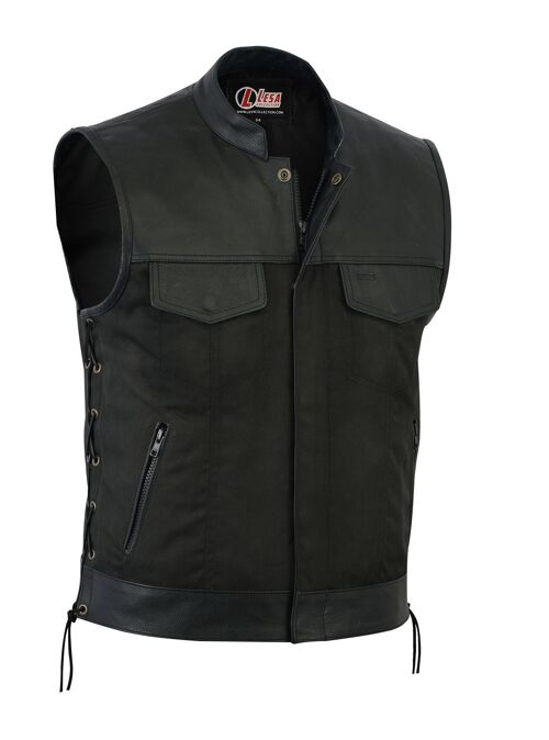 Mens Codura Biker Waistcoat Vest Black Real Leather Trim Side Laced Up - S