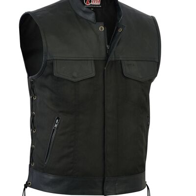 Gilet de motard Codura pour homme noir avec garniture en cuir véritable à lacets - S