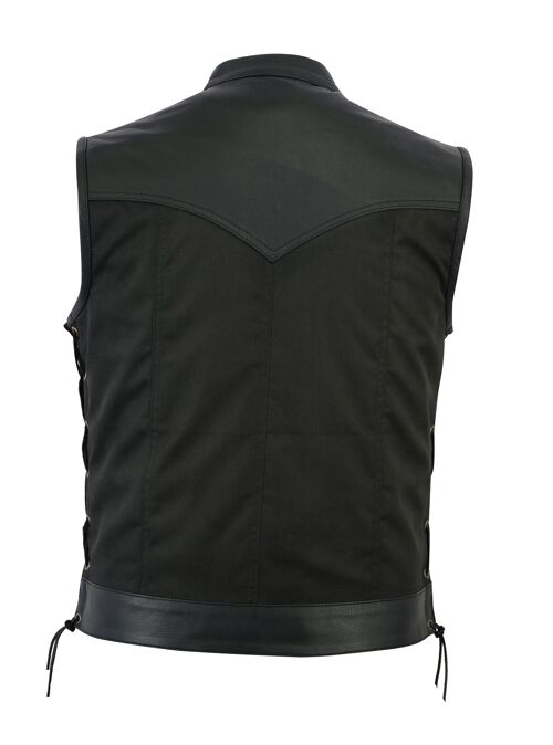 Mens Codura Biker Waistcoat Vest Black Real Leather Trim Side Laced Up - L