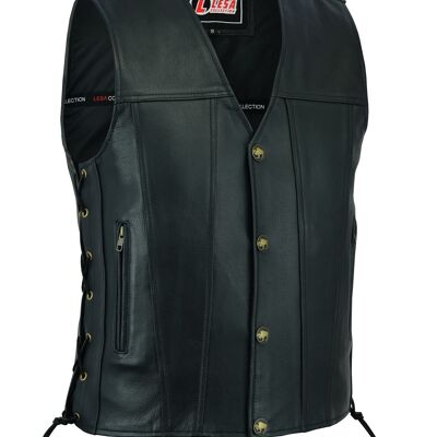 Mens Real Leather Biker Style Waistcoat Black Genuine Leather Motorcycle Vest - S