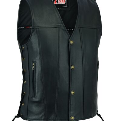 Chaleco de motociclista de cuero real para hombre Chaleco de motocicleta de cuero genuino negro - S