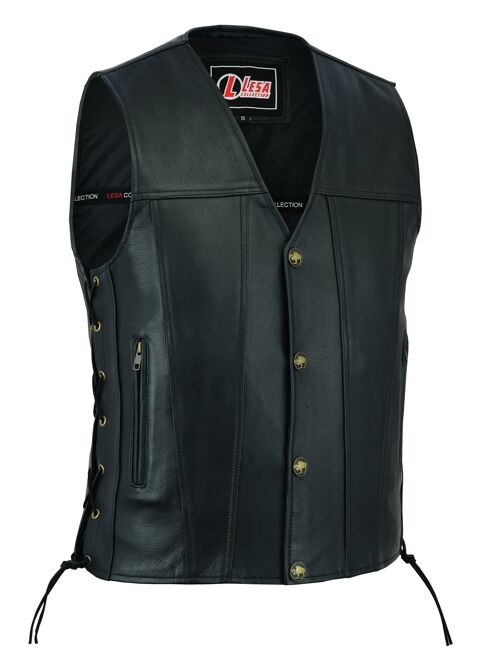 Mens Real Leather Biker Style Waistcoat Black Genuine Leather Motorcycle Vest - L