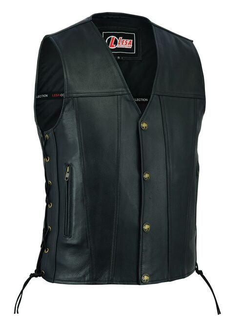 Mens Real Leather Biker Style Waistcoat Black Genuine Leather Motorcycle Vest - XXL