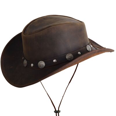 Chapeau de Cowboy en Cuir de Style Western Marron avec Bande de Cuir Conchos - M
