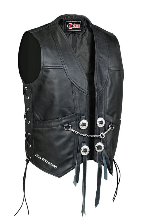 Mens Real Leather Motorcycle Biker Waistcoat/Vest with Chain - S