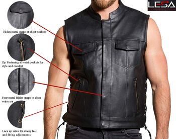 Moto en cuir véritable pour homme découpée style SOA à lacets et poche à fermeture éclair. 2