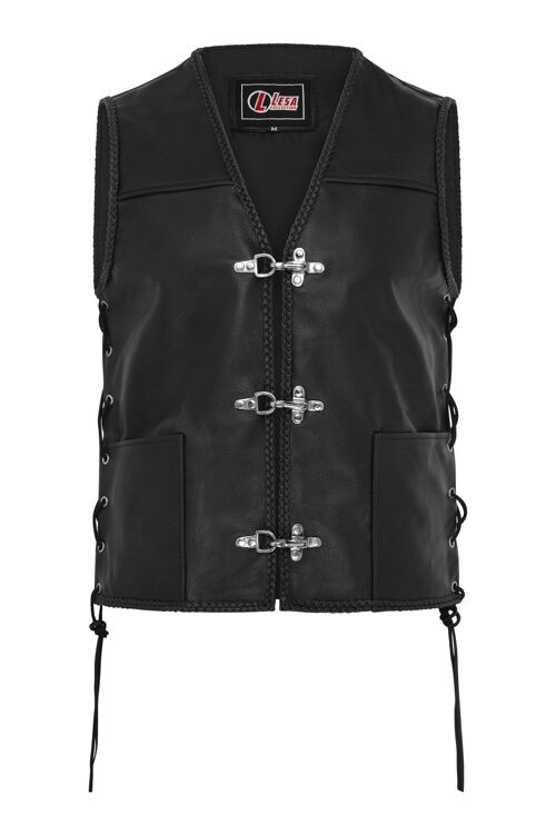 Mens Fish Hook Buckle Real Leather Waistcoat Biker Vest Braided With Sides Laces - M