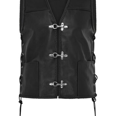 Mens Fish Hook Buckle Real Leather Waistcoat Biker Vest Braided With Sides Laces - M