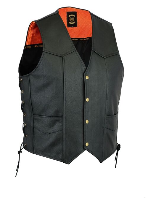 Leather Motorcycle Biker Style Waistcoat Vest Black Side Laced up - L
