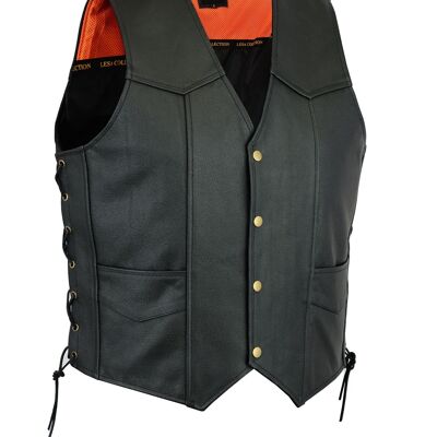 Leather Motorcycle Biker Style Waistcoat Vest Black Side Laced up - L
