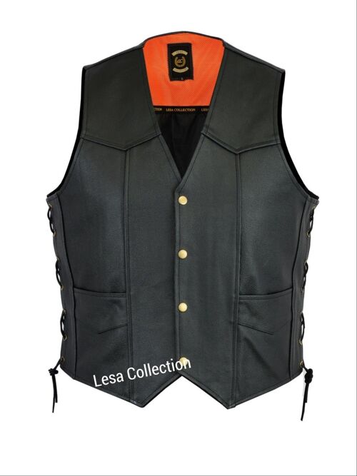 Leather Motorcycle Biker Style Waistcoat Vest Black Side Laced up - XL