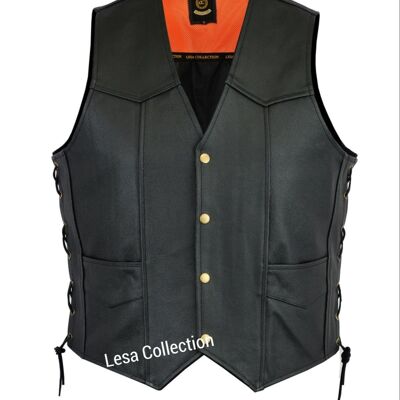 Leather Motorcycle Biker Style Waistcoat Vest Black Side Laced up - XL