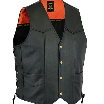 Leather Motorcycle Biker Style Waistcoat Vest Black Side Laced up - 2XL