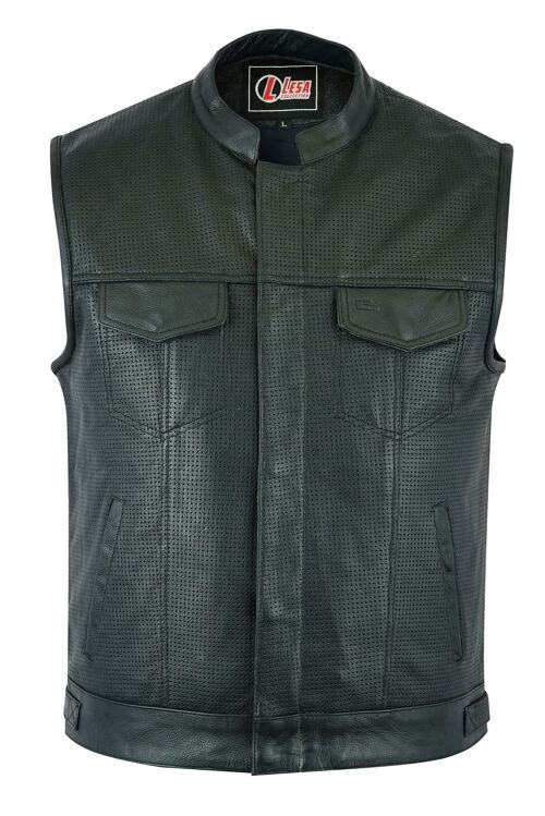 Mens Real Leather Black SOA Cut Off Style Motorcycle Biker Vest Club Waistcoat - S