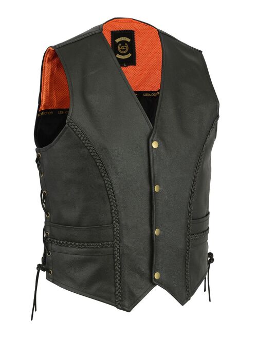 Braided Leather Motorcycle Biker Style Waistcoat Vest Black Side Laced - S