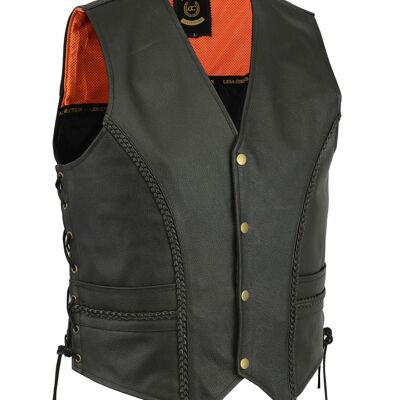 Braided Leather Motorcycle Biker Style Waistcoat Vest Black Side Laced - S