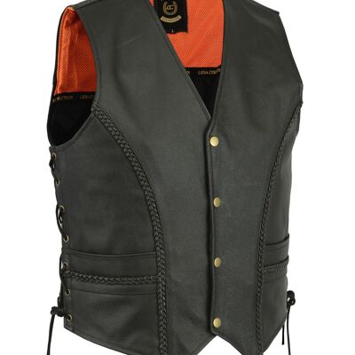 Braided Leather Motorcycle Biker Style Waistcoat Vest Black Side Laced - M