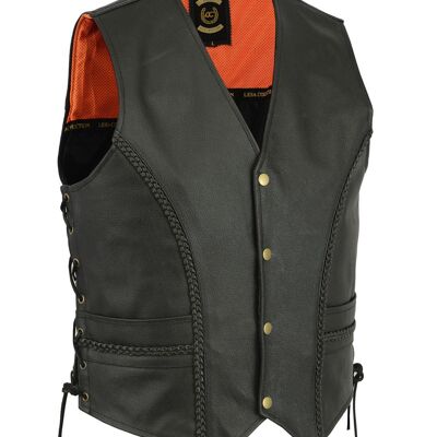 Braided Leather Motorcycle Biker Style Waistcoat Vest Black Side Laced - M
