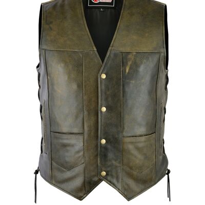 Mens Motorcycle 10 Pocket Distressed Pelle Marrone Gilet Lacci Laterali - S