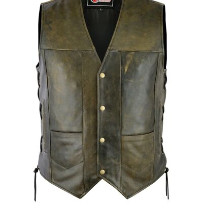 Gilet de moto en cuir marron vieilli à 10 poches pour hommes avec lacets latéraux - S