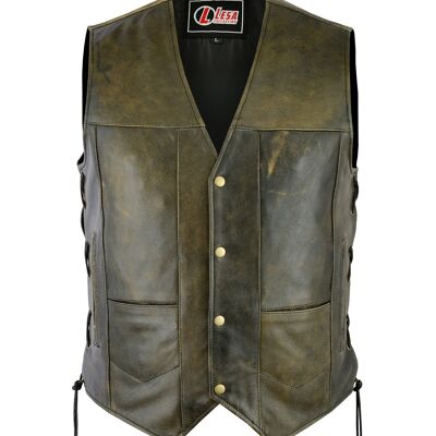 Mens Motorcycle 10 Pocket Distressed Brown Leather Vest Side Laces - M