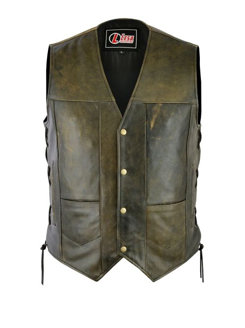 Mens Motorcycle 10 Pocket Distressed Brown Leather Vest Side Laces - 6XL