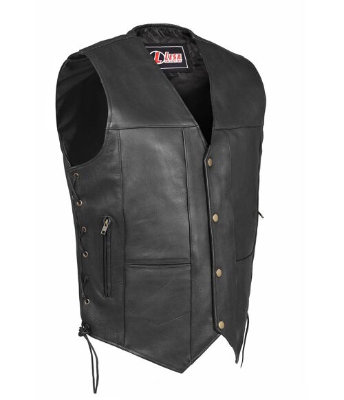Mens Real Leather Vest Motorcycle Biker Waistcoat 10 Pockets Black And Brown - S - Black