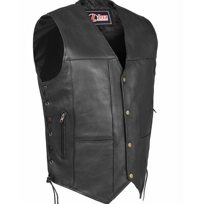 Mens Real Leather Vest Motorcycle Biker Waistcoat 10 Pockets Black And Brown - S - Black