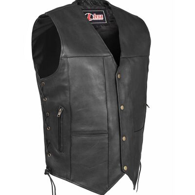 Mens Real Leather Vest Motorcycle Biker Waistcoat 10 Pockets Black And Brown - M - Black