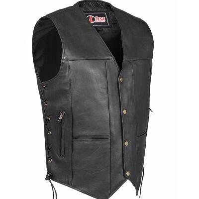 Chaleco de cuero real para hombre Chaleco de motorista de motocicleta 10 bolsillos Negro y marrón - M - Marrón